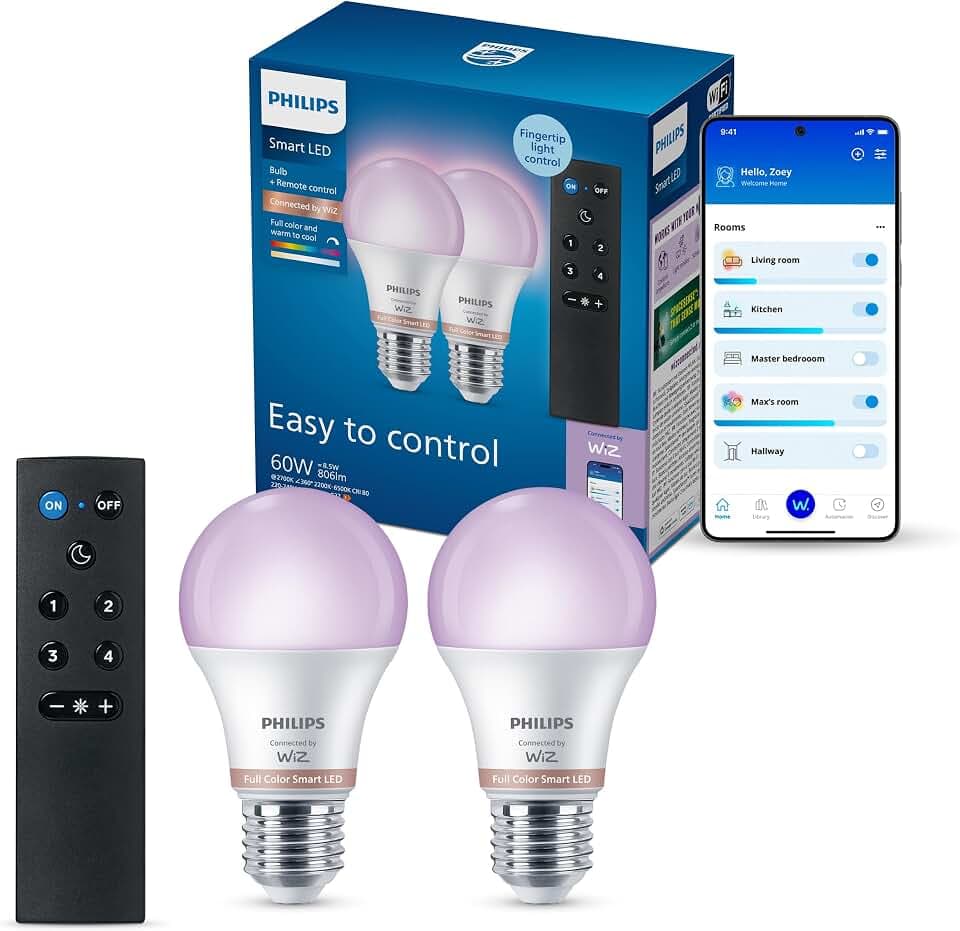Philips Smart Lighting, 2 Smart LED RGB A60-Lampen mit Fernbedienung, E27-Sockel, 806 lm, farbiges und weißes Licht (2200–6500 K), niedrig dimmbar, kompatibel mit WiZ, Alexa, Google Home, Apple Home