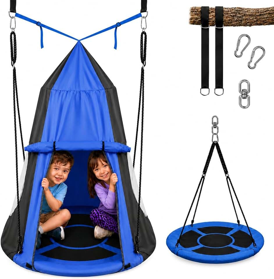 SereneLife Kids Tree Swing with Tent Cover | 40” Saucer Hanging Seat, Padded Frame for Indoor Outdoor Play, Detachable Tent Design, Durable Setup for Backyard Fun with Adjustable Ropes Included | Blue
