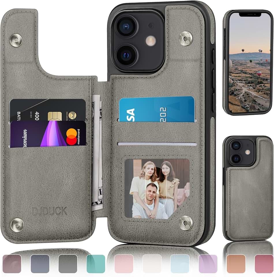 DJDUCK Designed for iPhone 12/12 Pro Case Wallet with Card Holder, [Magnetic Clasp Cover] [RFID Blocking Leather Protection] Shockproof Women Men Cases 6.1 Inch for Apple 12 Grey