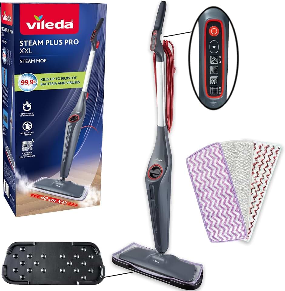 Vileda Steam Plus Pro XXL Dampfreiniger, 4 Dampfstufen, Grau/Rot