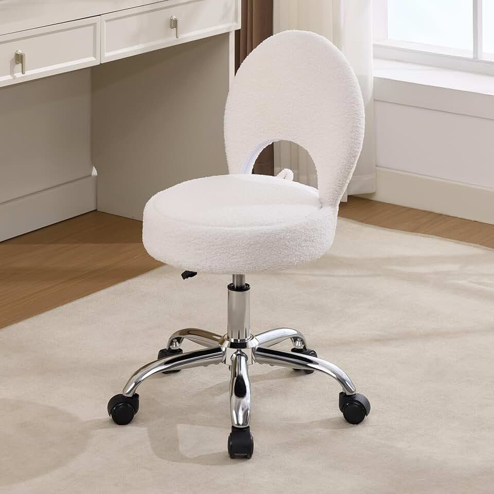 Home Office Chair Foldable Vanity Chair Vanity Stool with Storage 15.8" Spacious Seat 360° Swivel Height Adjustable White