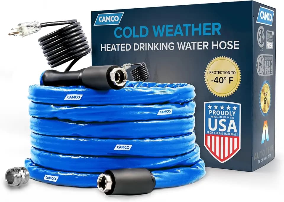 Camco 50-Ft Heated Water Hose for RV | Water Line Freeze Protection Down to -40°F/C | Features Energy-Saving Thermostat & Includes Adapter for Connection to Either End of Hose (22924)