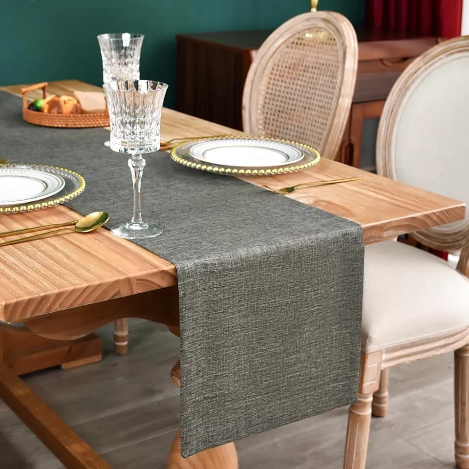 NEWISHER Farmhouse Rustic Faux Linen Dark Grey Table Runner 13x90inch