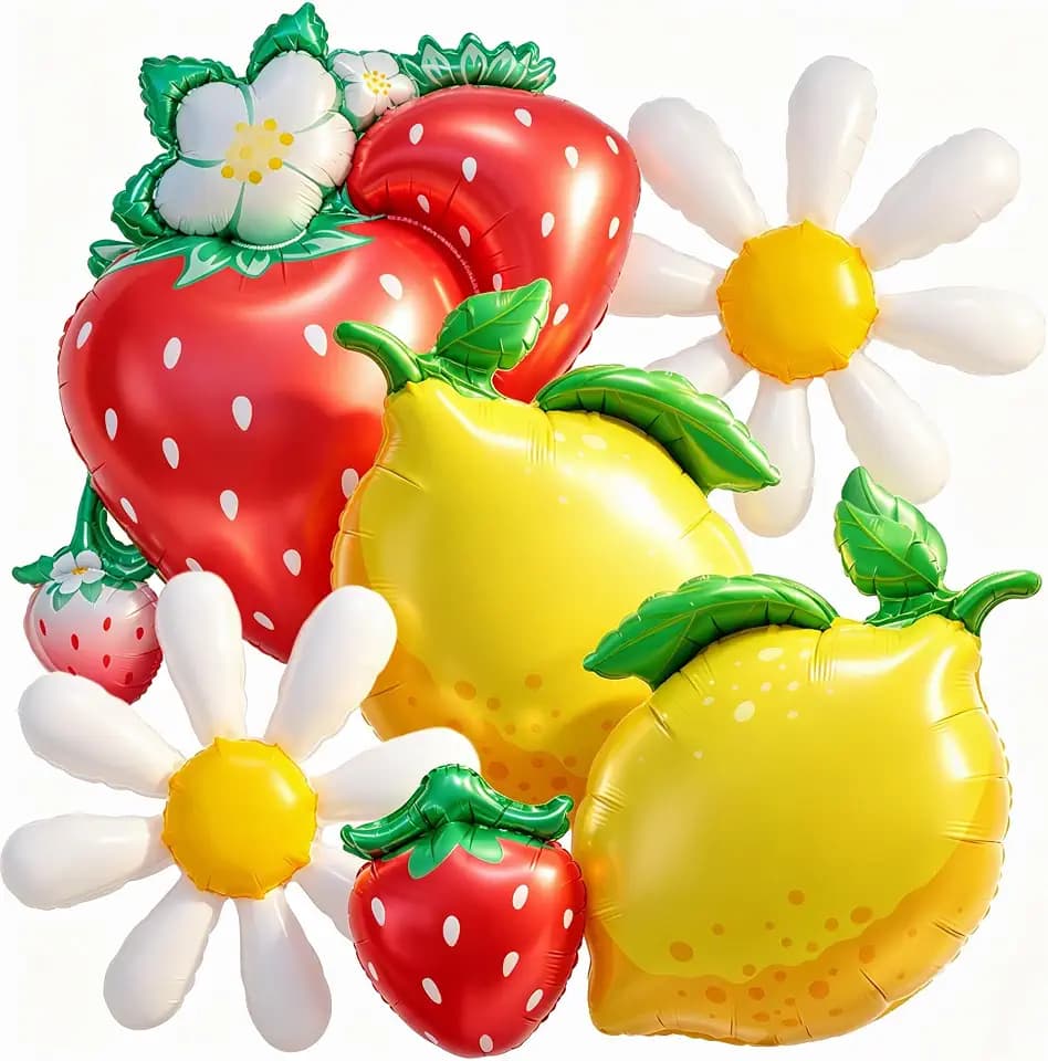 6Pcs Lemon Strawberry Daisy Balloons Decor for Lemonade Birthday Party, Summer Berry Orchard Baby Shower Decor, Freshly Graduated Lemon Party Supplies, Sweet One Bridal Shower Fruit Theme Decor