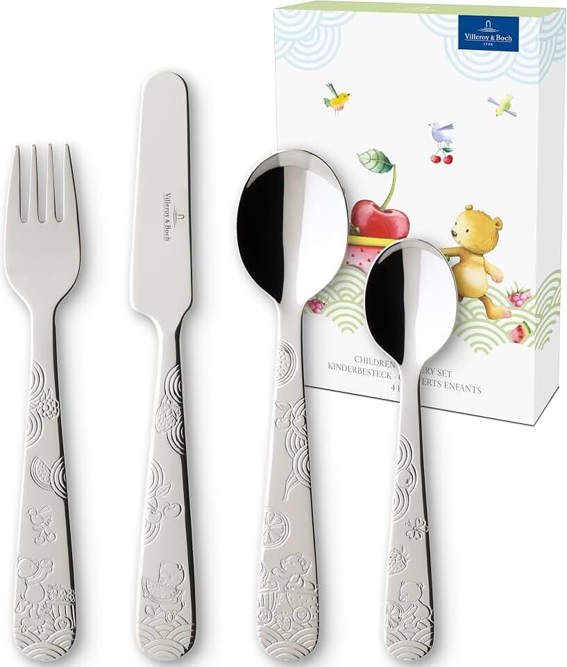 Villeroy & Boch - Hungry As A Bear Kinderbesteck Set 4 teilig, Rostfrei, Spülmaschinenfest, Besteckset Kinder mit Bär, Essbesteck Kinder, Kindergabel, Kinderlöffel, Kindermesser, Edelstahl