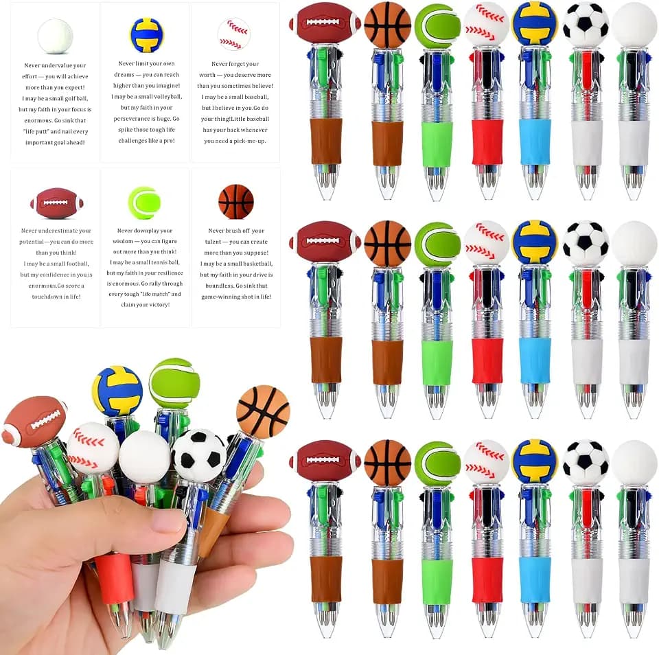 Scettar 28 Pack Sport Party Favors 4-in-1 Ballpoint Pens, 0.5mm Retractable Sport Theme Pens with Emotion Support Card for Sport Lover, Novelty Gifts Goodie Bags Stuffers(7 Style)