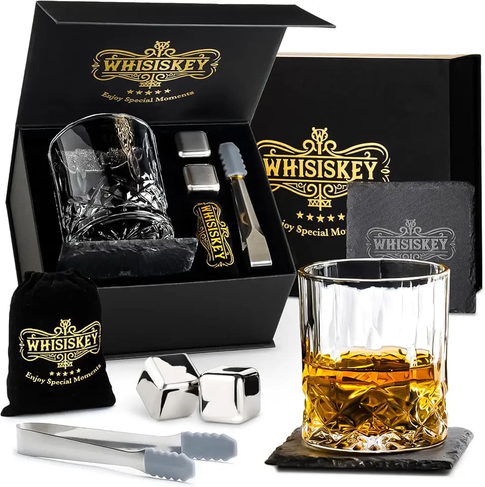 Whisiskey Whisky Gläser Set - Whiskey Geschenkset Glas - Whiskygläser - Geschenke für Männer - Männergeschenke - Geburtstagsgeschenk Mann - Geschenkbox, 1 Rum Gläser x 310ML, 2 Whiskey Steine