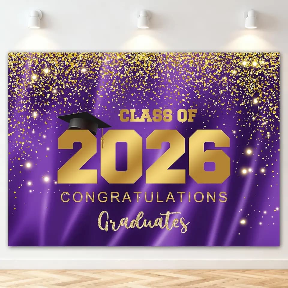 Mocsicka 2026 Graduation Party Backdrop Class of 2026 Purple Gold Glitter Background Congratulations Graduates Party Decoration Banner Photo Booth Props (8x6ft)