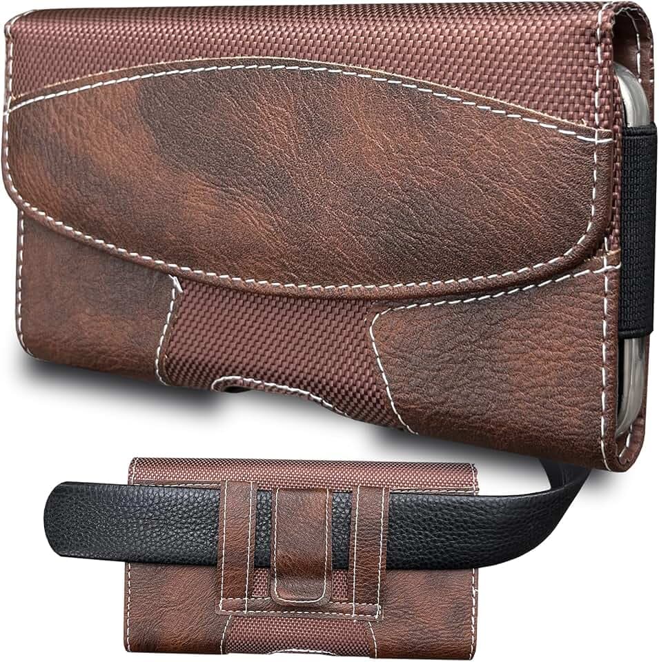 Leather Phone Holster for Men with Belt Clip, Cell Phone Holder for iPhone 17/16/15/14/13/12 Pro, Galaxy S24/S23/S21, Belt Pouch Case Magnetic Closure (Brown-L)