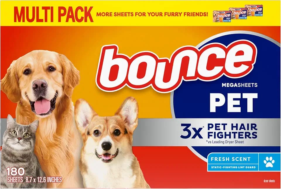 Bounce Pet Hair and Lint Guard Mega Dryer Sheets with 3X Pet Hair Fighters, Fresh Scent, 180 Count