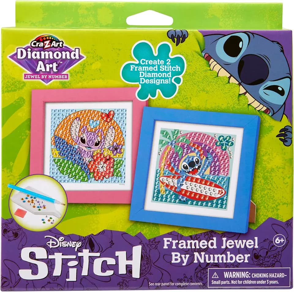 Cra-Z-Art Disney Stitch Framed Chunky Gem By Number Kit, Diamond Art Painting Kits - DIY Diamond Jewel By Number Art, Creative Gem Craft, Great Gift for Birthdays for Girls and Boys Ages 6 and Up