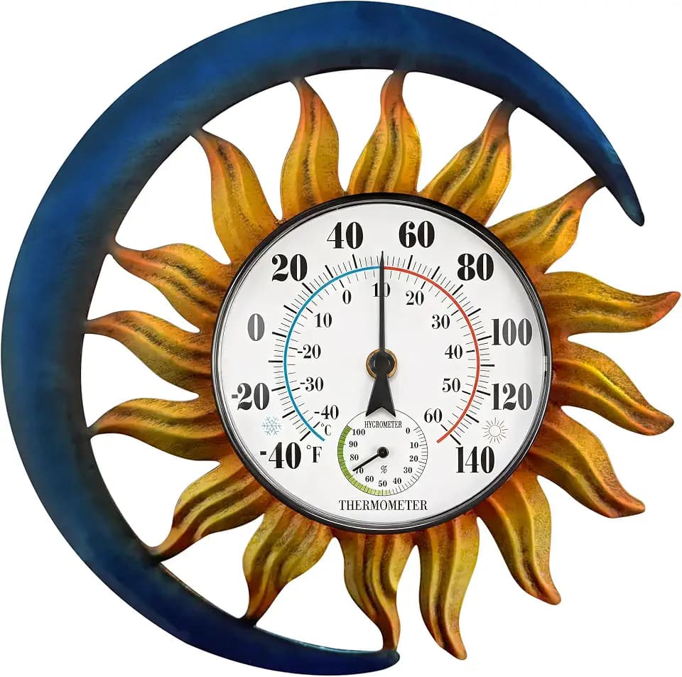 Outdoor Thermometer Hygrometer, 13" Vintage Sun Moon Wall-Mounted Decor