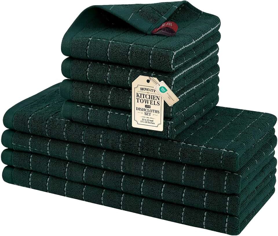 Homaxy Cotton Terry Kitchen Towels and Dishcloths Set of 8, Blackish Green
