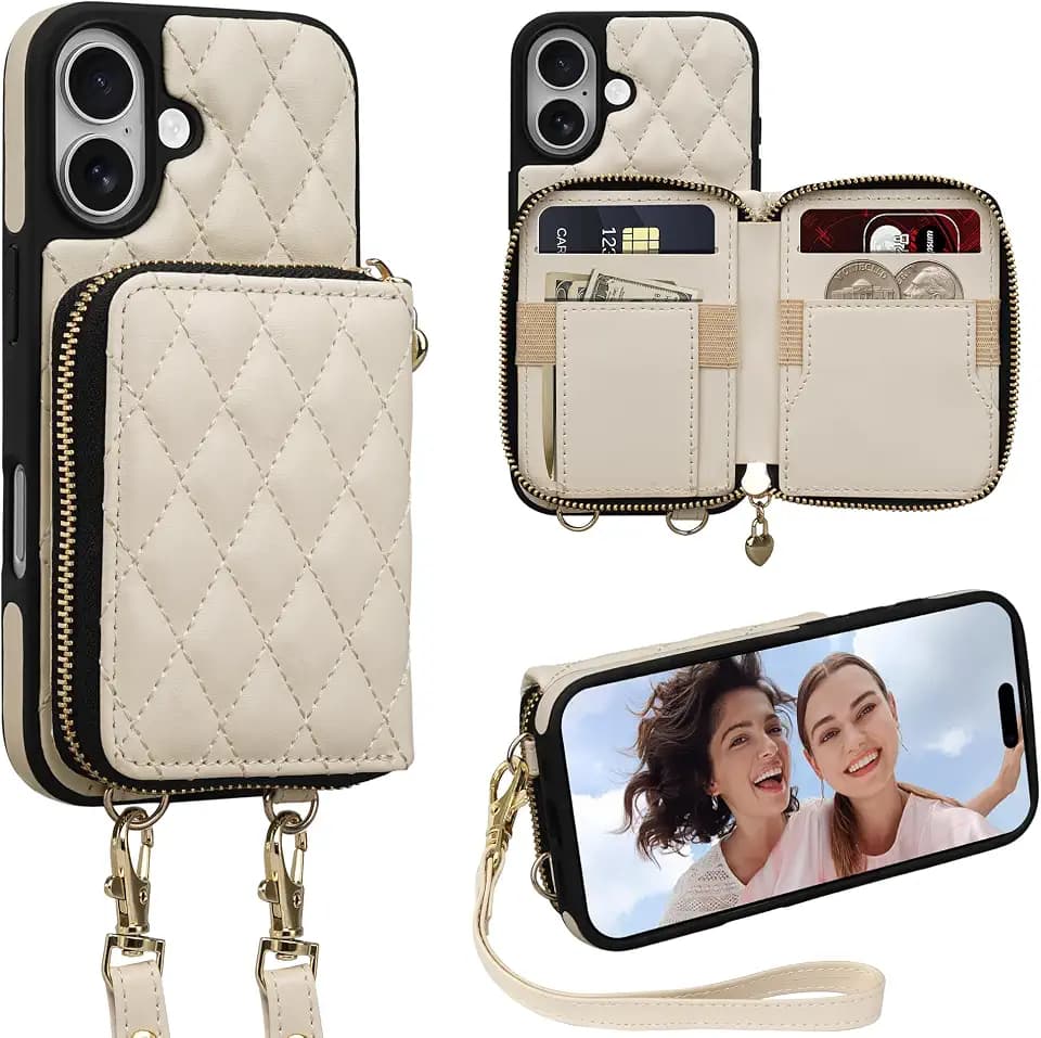 Case for iPhone 17 6.3'' Wallet Case, Crossbody Zipper Purse with Wrist Strap Lanyard Handbag, RFID Blocking Card Holders, Kickstand Flip Leather Cover for iPhone 17, Beige