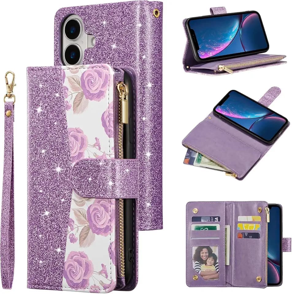 UEEBAI Wallet Case for iPhone 17, PU Leather Wallet Magnetic Closure Handbag Zipper Pocket Cover Kickstand Card Slots with Hand Strap Rose Flip Case for Women - Glitter Purple