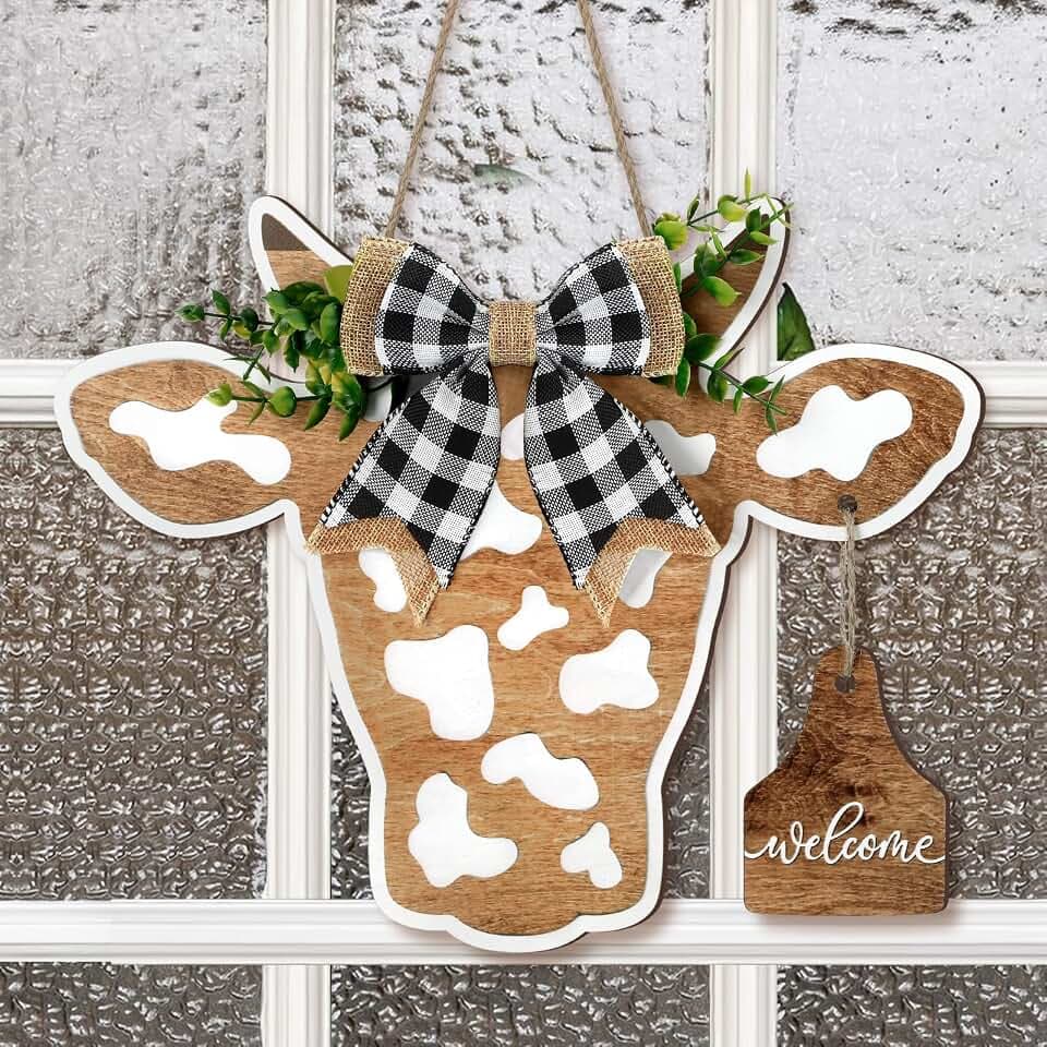 Kuhkopf Türkranz Schild Willkommen Haustür Aufhänger Bauernhaus Frühling Wade Veranda Dekor Kuh Geschenke Büffel Plaid Schleife künstliche Blätter Willkommen Home Dekorationen für Restaurant Wand,