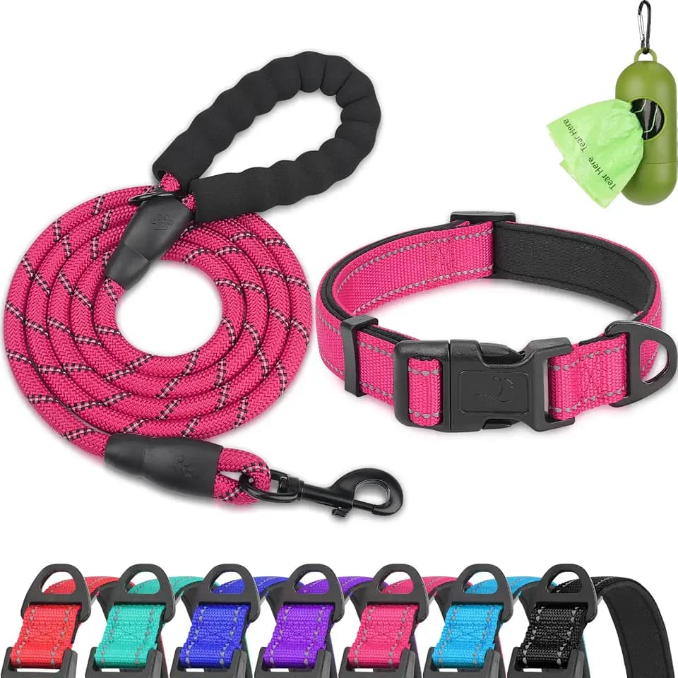 Dynmeow Reflective Dog Collar and Leash Set for Medium Dogs, Hot-Pink