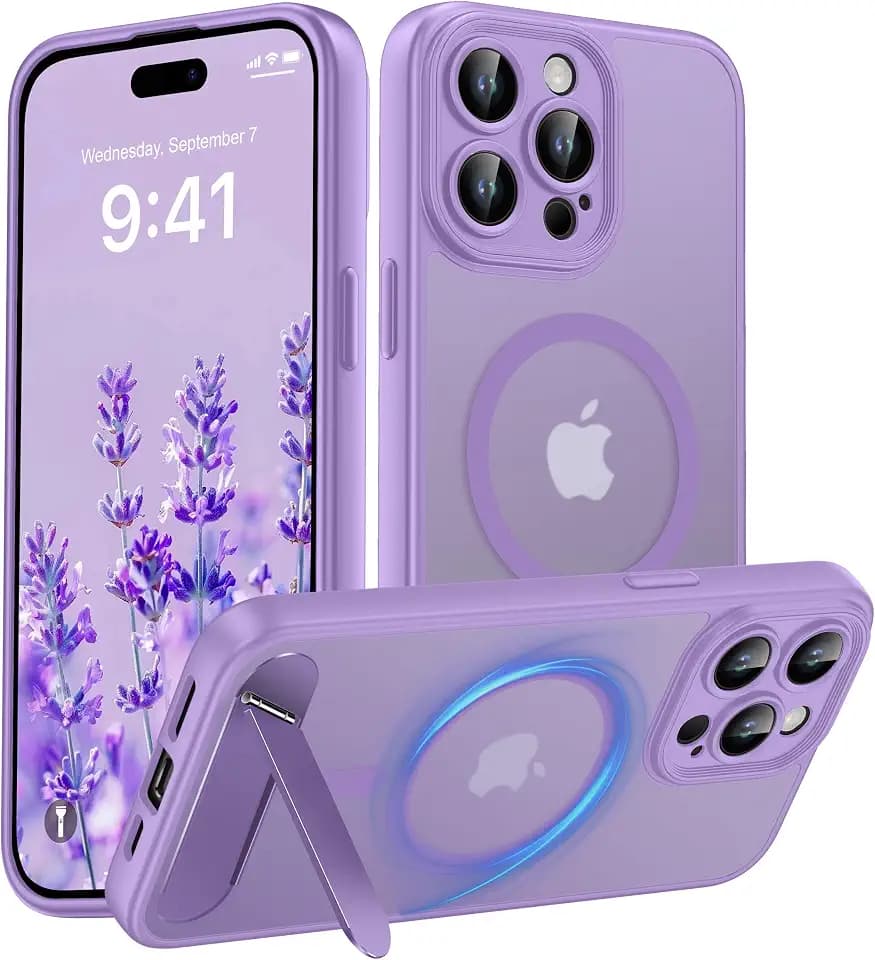 Magnetic Compatible with iPhone 15 Pro Case, [Built-in Kickstand][Full Camera Protection][Compatible with MagSafe][Anti-Fingerprint] Shockproof Phone Case for iPhone 15 Pro 6.1",Lavender