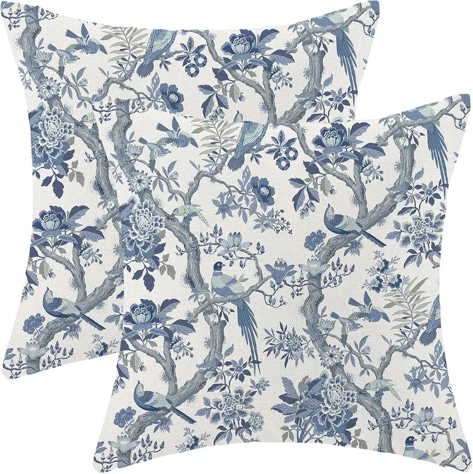 CXMEIFLY Spring Pillow Covers 20 x 20 Inch Set of 2 for Navy Blue Chinoiserie Flowers Bird Decor Throw Pillows Vintage Floral Plant Outdoor Decorative Cushion Cases for Couch Bed Decorations