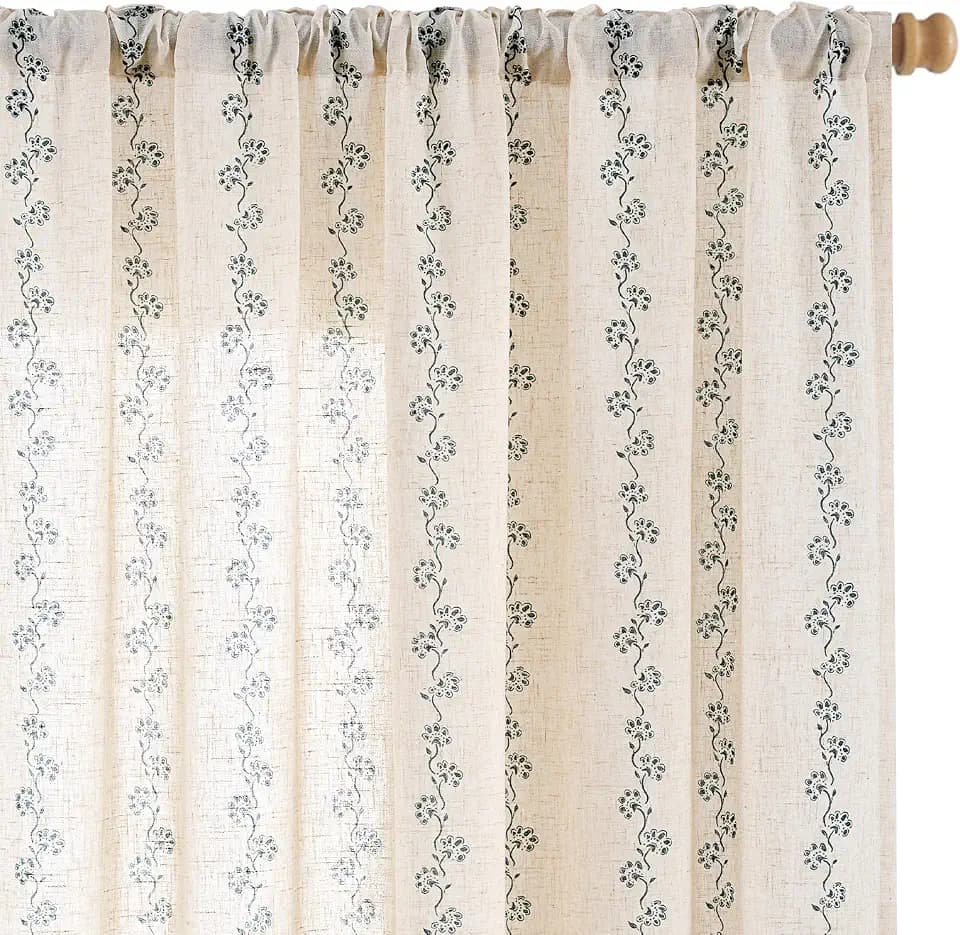 Lazzzy Blue Floral Vine Linen Curtains Cottage Grommet 50W X 84L 2 Panels