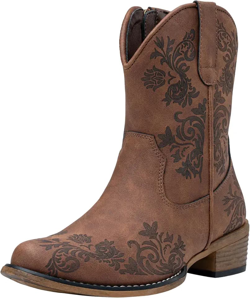 Jeossy Women's Cowboy Boots, Square Toe Ankle Cowgirl Booties Low Heel