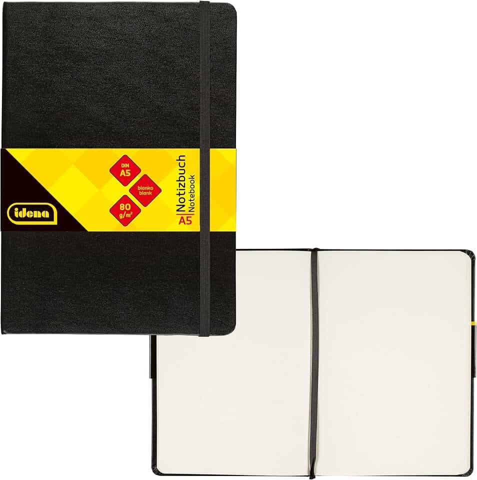 Idena 10054 - Notizbuch DIN A5, blanko, Papier cremefarben, 192 Seiten, 80 g/m², Hardcover in Schwarz