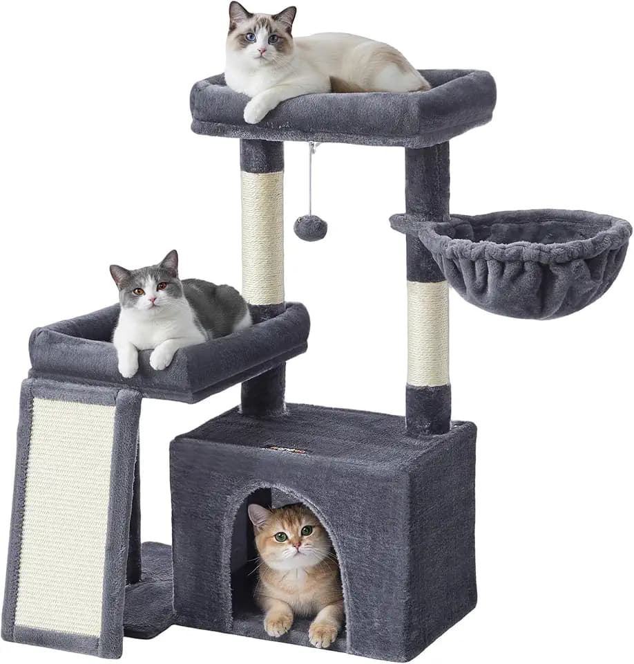 Feandrea Cat Tree, 33.8" Cat Tower, Scratching Posts and Ramp, Dark Gray