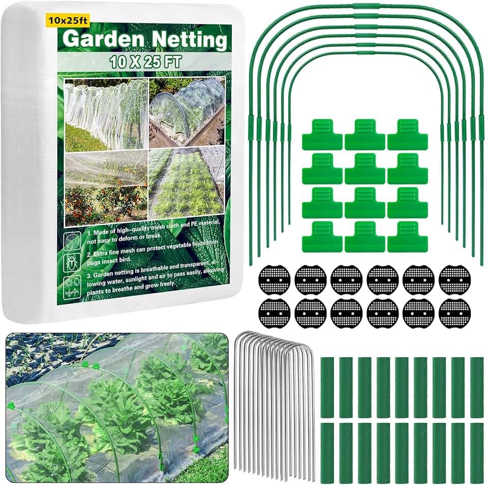 Unves 67 Pcs Garden Netting Kit, 10x25 Ft Ultra Mosquito Bird Netting with 6 Hoops & 12 Clips, Fruit Tree Netting for Patio Raised Beds Vegetable Flowers Protection Barrier
