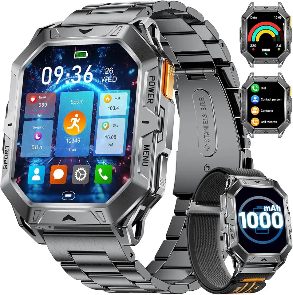 LIGE Militär Smartwatch Herren mit Kompass/Barometerdruck/Höhenmesser, 2.13'' Amoled Großes Display, 1000mAh Akku, 100+ Sportmodi Fitnessuhr, 10ATM Wasserdicht für Android iOS, Schwarz
