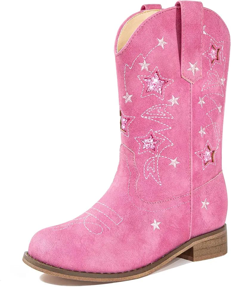 Toddler Cowgirl Boots Little Girls Cowboy Western Boot for Kids Sparkly Glitter Star Mid Calf Square Toe Horse Riding Shoes for Birthday Party