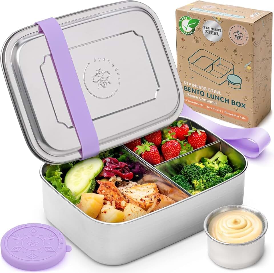 Everusely - Bento Box - Lavendel - 1,1 L - Edelstahl-Lunchbox mit auslaufsicherem Gewürzbehälter - Snack-Behälter mit 3 Fächern