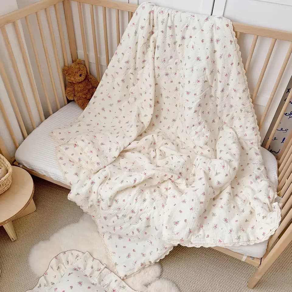 BuLuTu Pink Floral Kids Blanket for Todder/Twin Bed Muslin Cotton Comforter for Girls Boys, Soft Breathable Quilted Blanket Cute Sheep Pattern Toddler Quilt for All Seasons, 60x80 Inches
