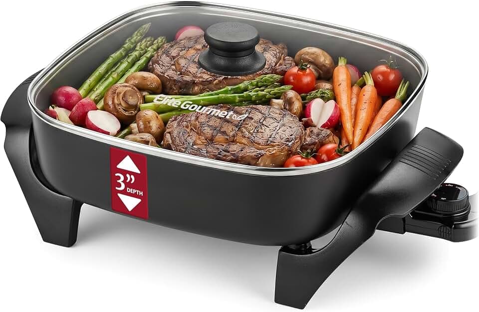 Elite Gourmet 12" PFAS-Free Ceramic Electric Skillet, 1200W, Extra-Deep