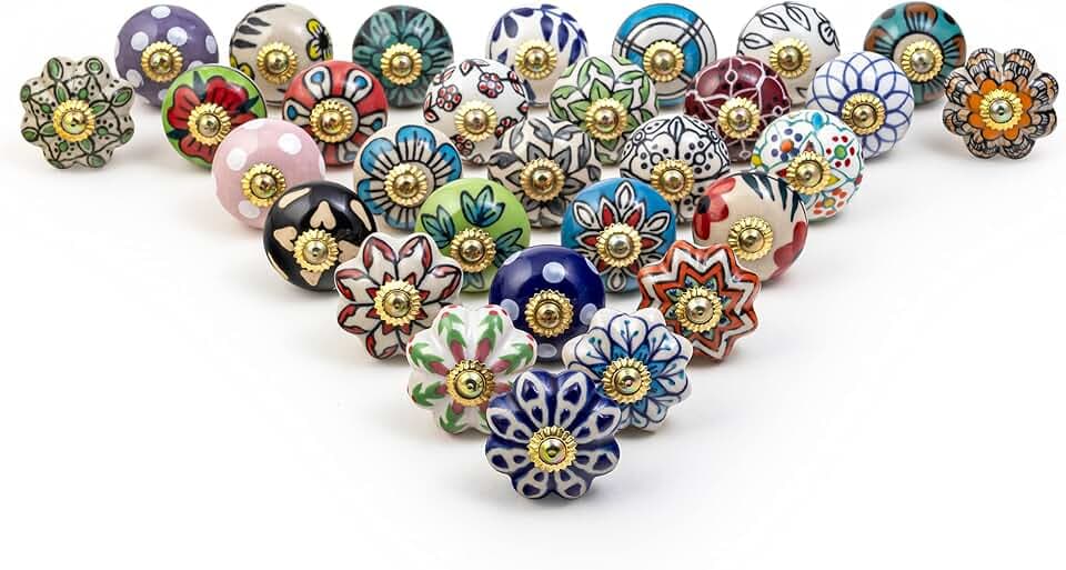 RAJRANG BRINGING RAJASTHAN TO YOU Kommodenschubladen Knöpfe Packung mit 30 für Schränke und Möbel Mehrfarbige handbemalte Keramik-Knöpfe mit antikem floralen Muster für runde Schrankgriffe