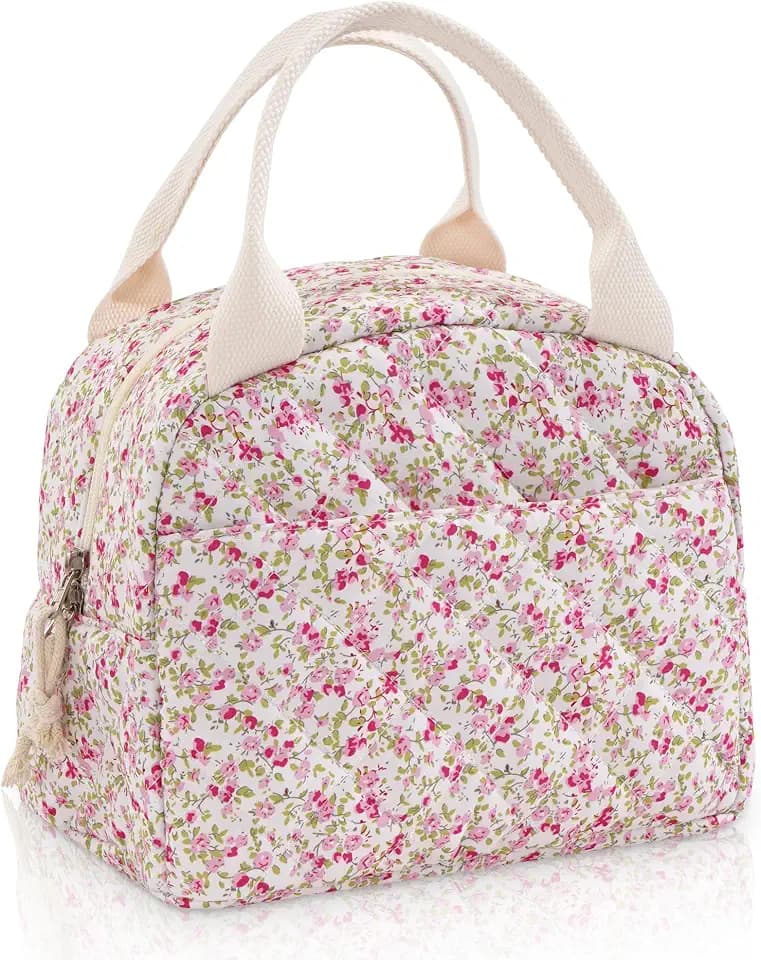 Lunch Bag for Women Insulated Cotton Quilted Lunch Box Reusable Cooler Bag Portable Cute Floral Leakproof Tote Bags for Travel, Work, and Picnic, Spring Meadow