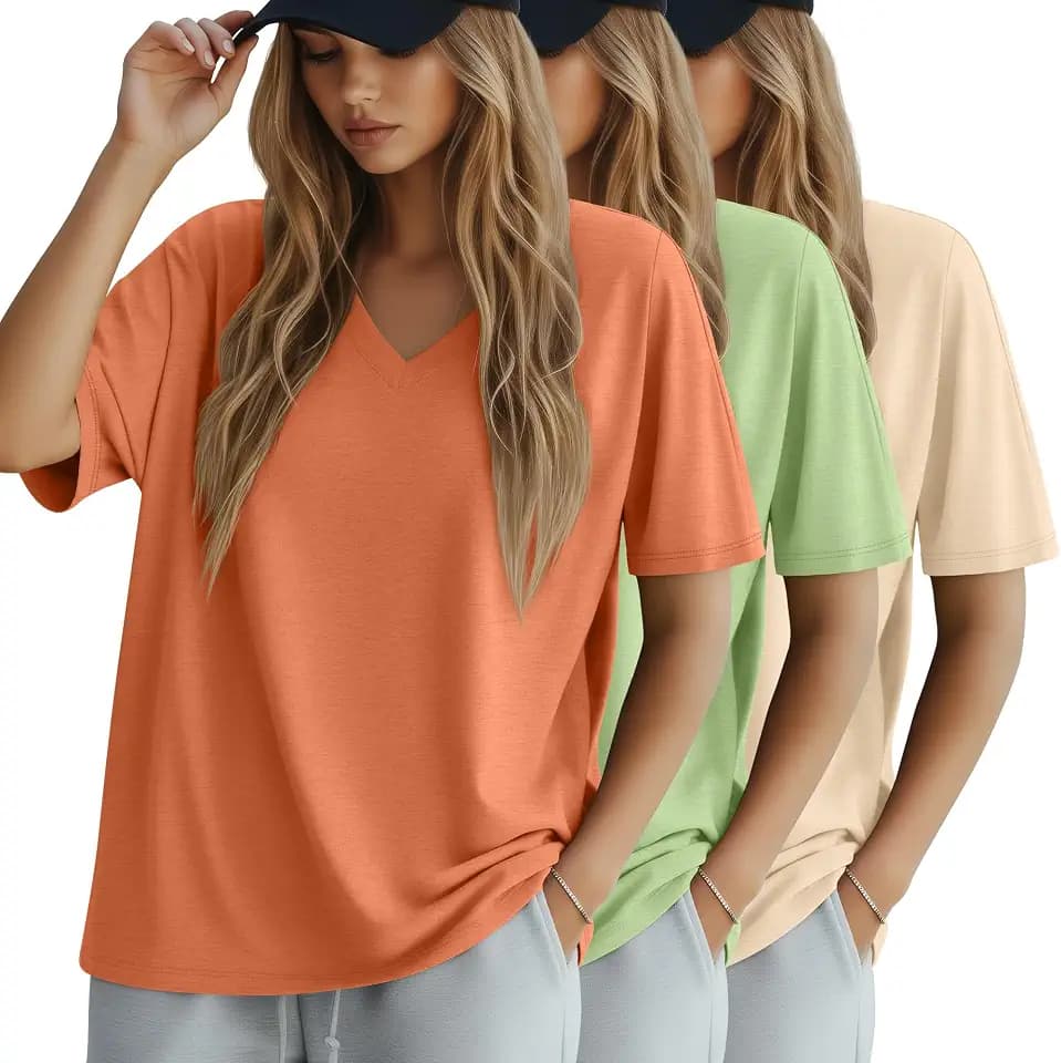 Huukeay 3 Pack Women's Oversized Cotton Shirts V Neck Summer Top