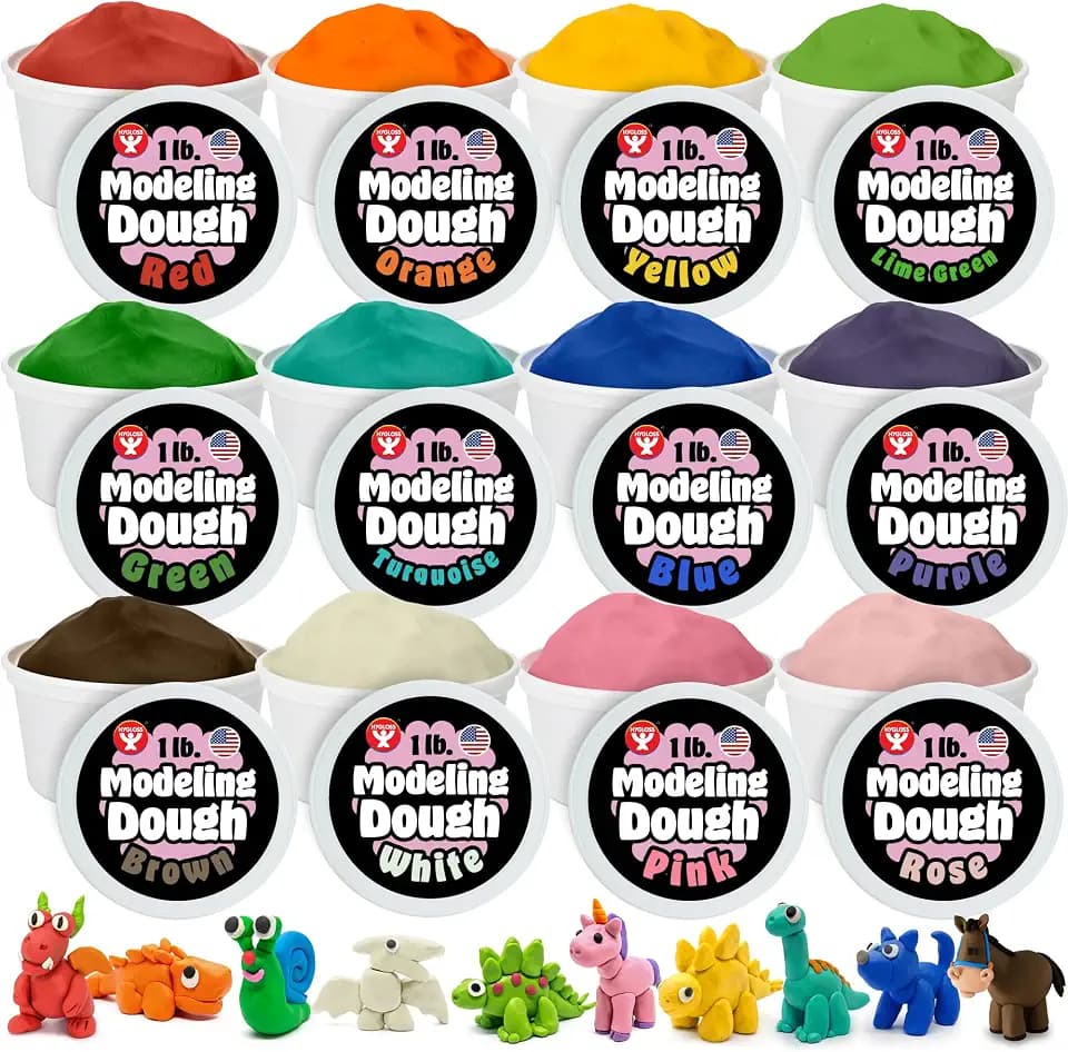 Hygloss Play Modeling Dough for Kids, 12 Assorted Colors, 1lb, Unscented