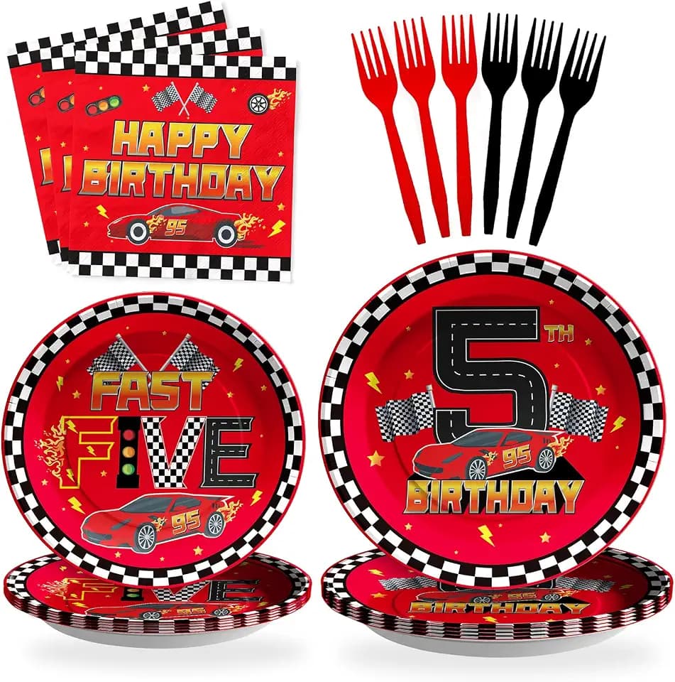 96Pcs Red Race Car 5th Birthday Party Decorations for 5 years old, Serve 24