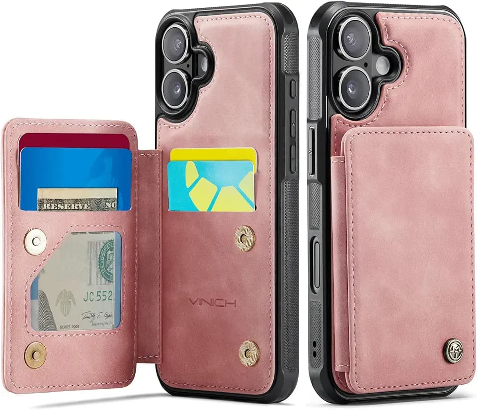 Vinich for iPhone 16 Wallet Case with Card Holder, Rose Pink