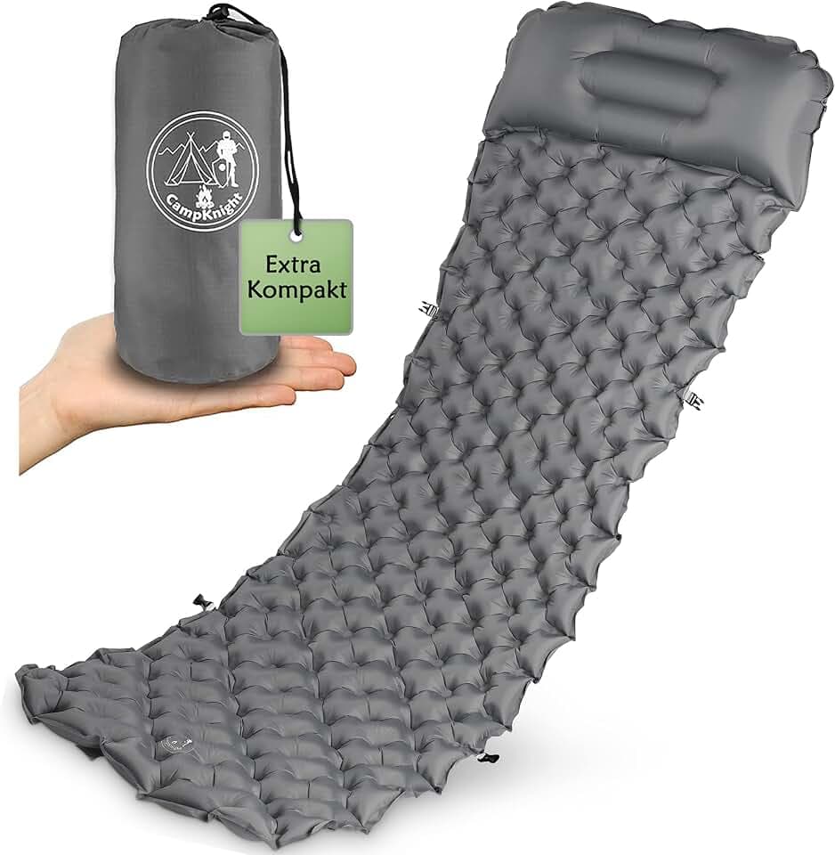 2-in-1 Isomatte für Outdoor und Camping + Ultraleicht und Kleines Packmaß + Bequem Schlafen und Sitzen + Einstellbares Kopfkissen