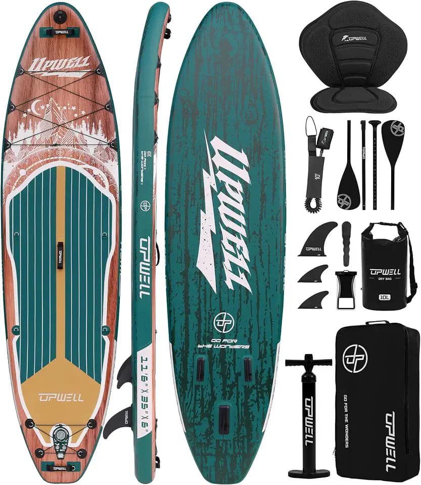 UPWELL 10'6"/11'/11'6" Inflatable Paddle Board, Stand Up Paddlboard for Youth & Adults, Stable Design, Premium SUP Accessories, Backpack, Leash, Hand Pump, Fins