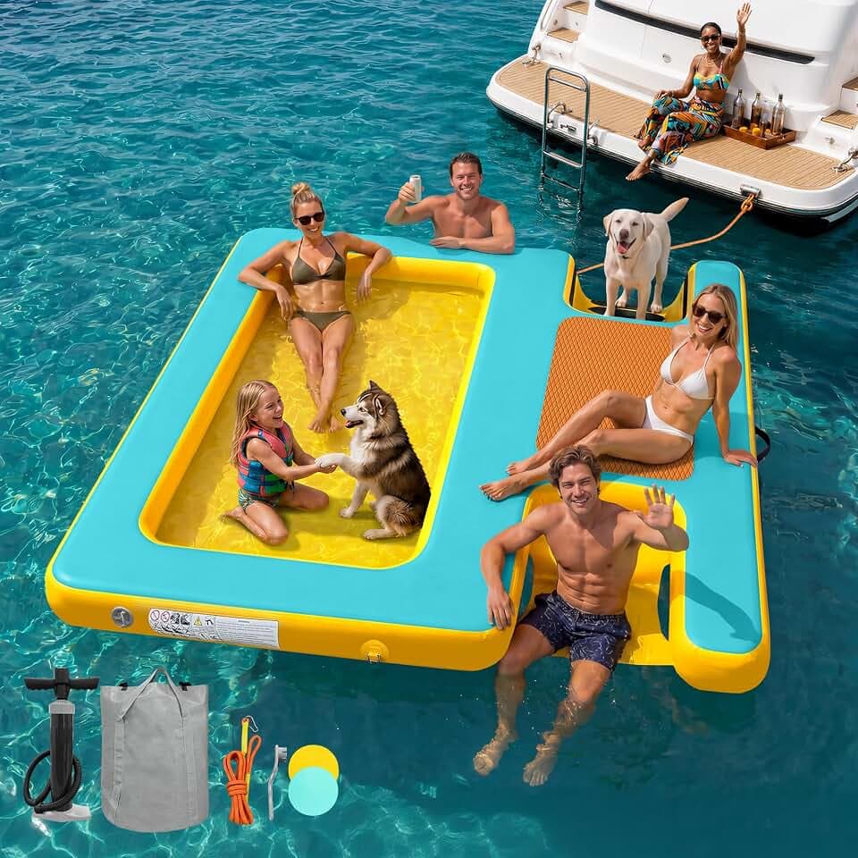 Inflatable Floating Dock, 8FT x 8FT, EVA Pad, Mint Green/Yellow