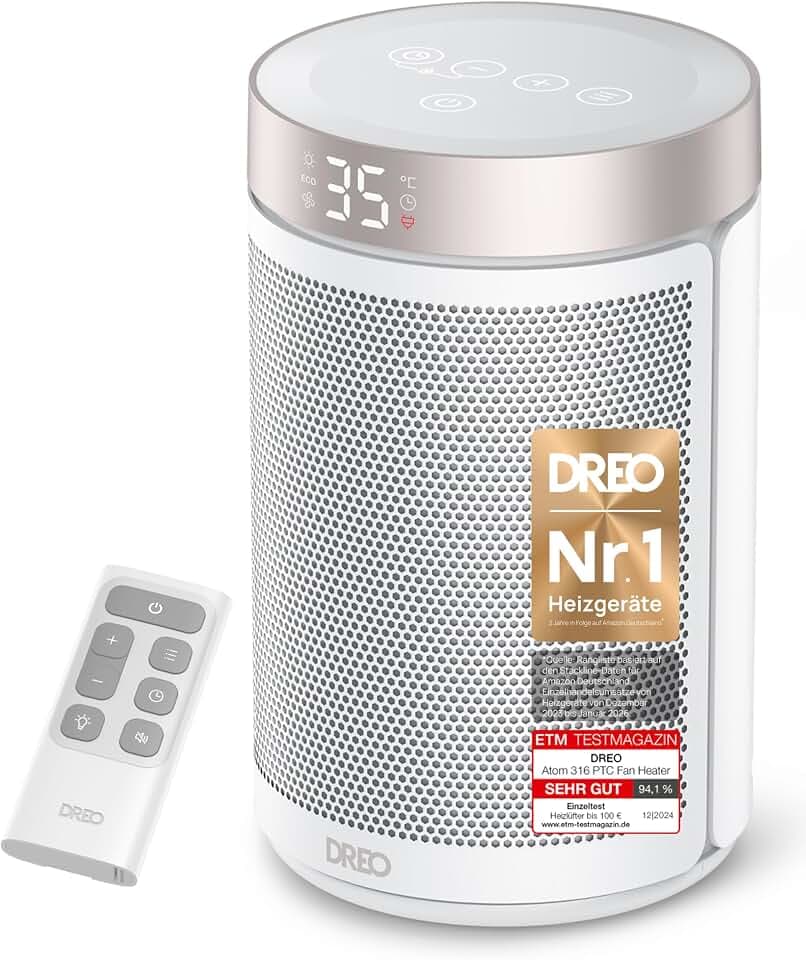 Dreo Energiesparender Heizlüfter, 34 dB Leiser 1500W Elektrischer PTC Keramik, Thermostat, 3 Modus 3 Geschwindigkeit, Überhitzungs- & Kippschutz, 12 Std. Timer, Elektroheizung für Räume Schlafzimmer