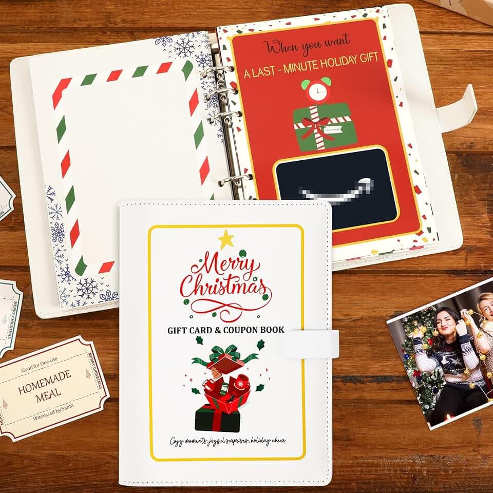 JULEASEL Merry Christmas Gift Card Book – Christmas Gift Card Booklet Xmas Gifts – 6.3x8.3 Leather Cover 6 Ring Binder – Unique Holiday Keepsake Gifts for Family, Friends