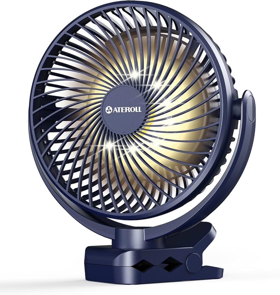 Ateroll 10000mAh Clip-On Ventilator mit Fernbedienung,3 Geschwindigkeiten USB Ventilator Akku mit Timer&LED-Lichtern,360° drehbarer 8" batteriebetriebener Tischventilator für Zuhause
