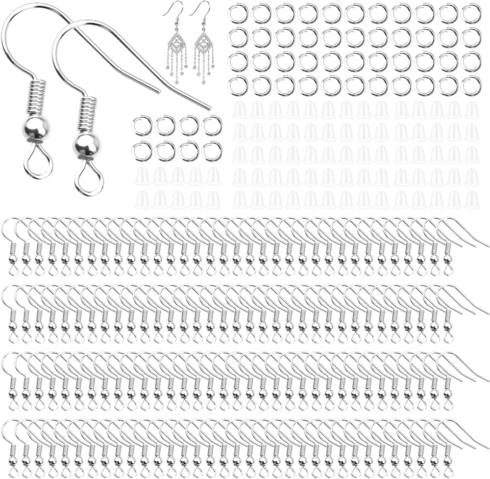 ​​600 Stück Ohrringe Selber Machen Set, Ohrhaken mit Silikon Ohrring Stopper, Ohrring Haken, Ohrringe Basteln Zubehör, für DIY Ohrhänger Schmuckherstellung (Silber)​​