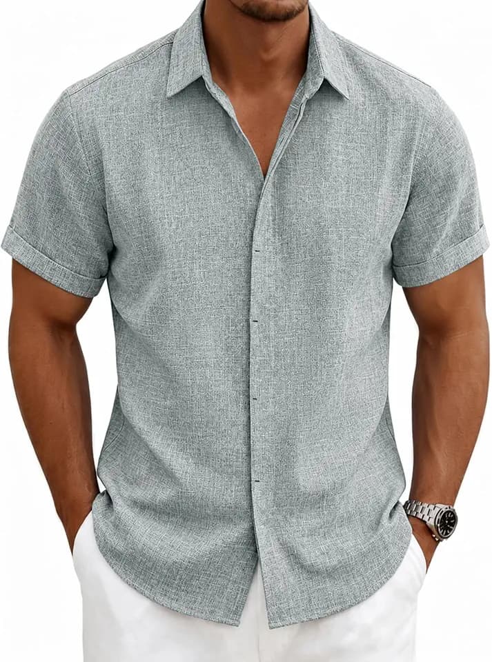 Mens Linen Shirts Short Sleeve Casual Shirt Button Down Summer Beach Vacation Tops Men Casual Dress Shirts Breathable