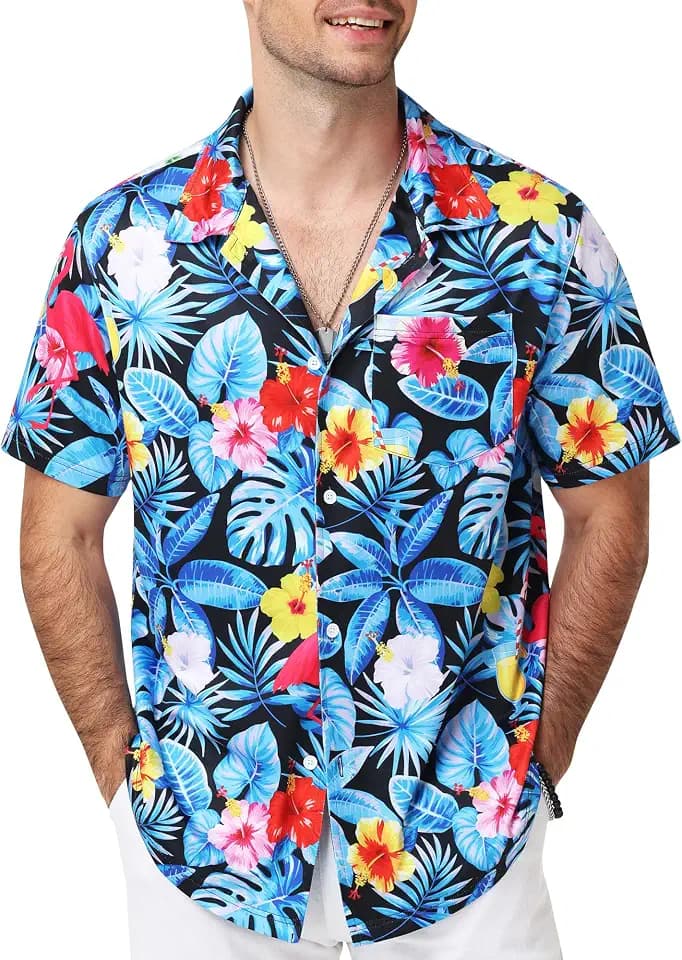Runhit Hawaii Hemd Männer, Leichtes Sommerhemd Kurzarm mit Brusttasche und Tropischem Print, Atmungsaktiv Strandhemd für Strand Urlaub Alltag