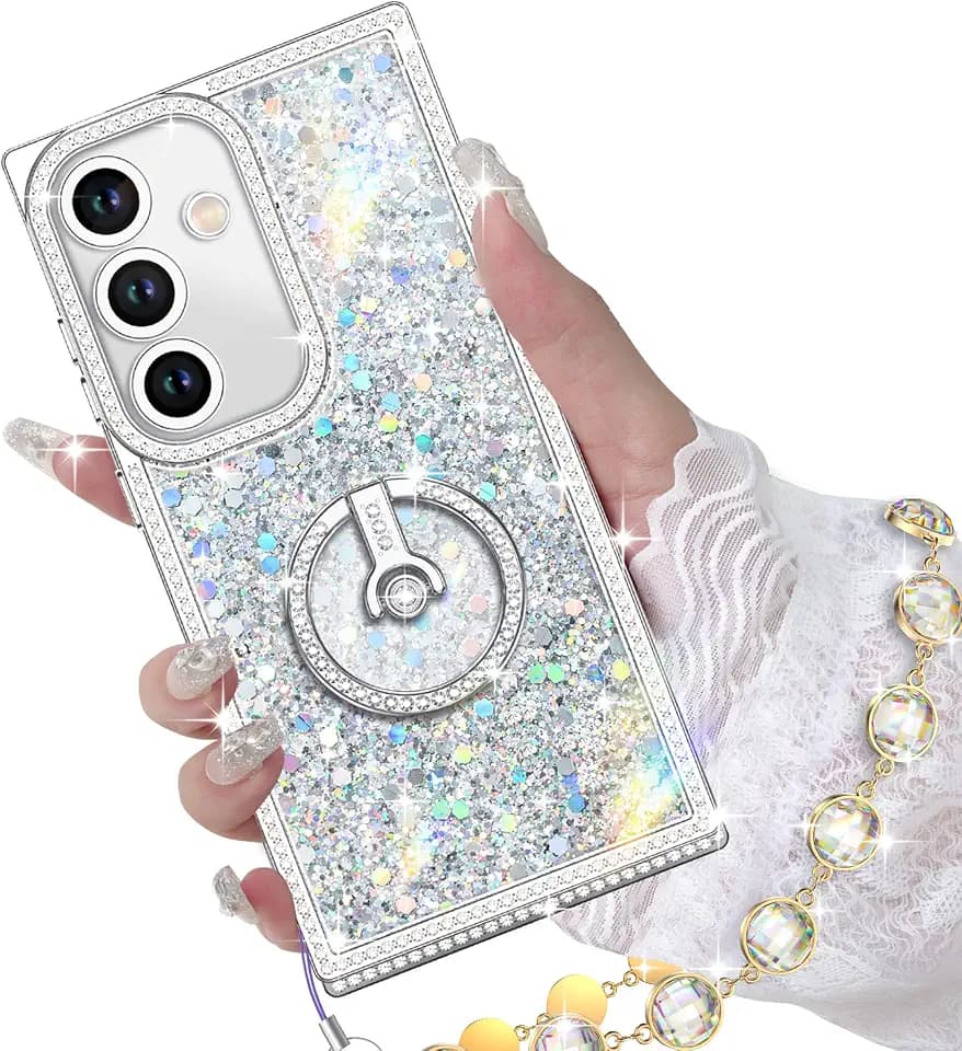Miss Arts for Samsung Galaxy S24 Case with Ring Stand, Glitter Sparkle Phone Case for Women Girls, Rhinestone Luxury Protective Cover for S24, Silver