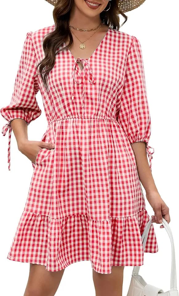 ECOWISH Mini Dress for Women Gingham 3/4 Sleeve V Neck Tiered Tie Front